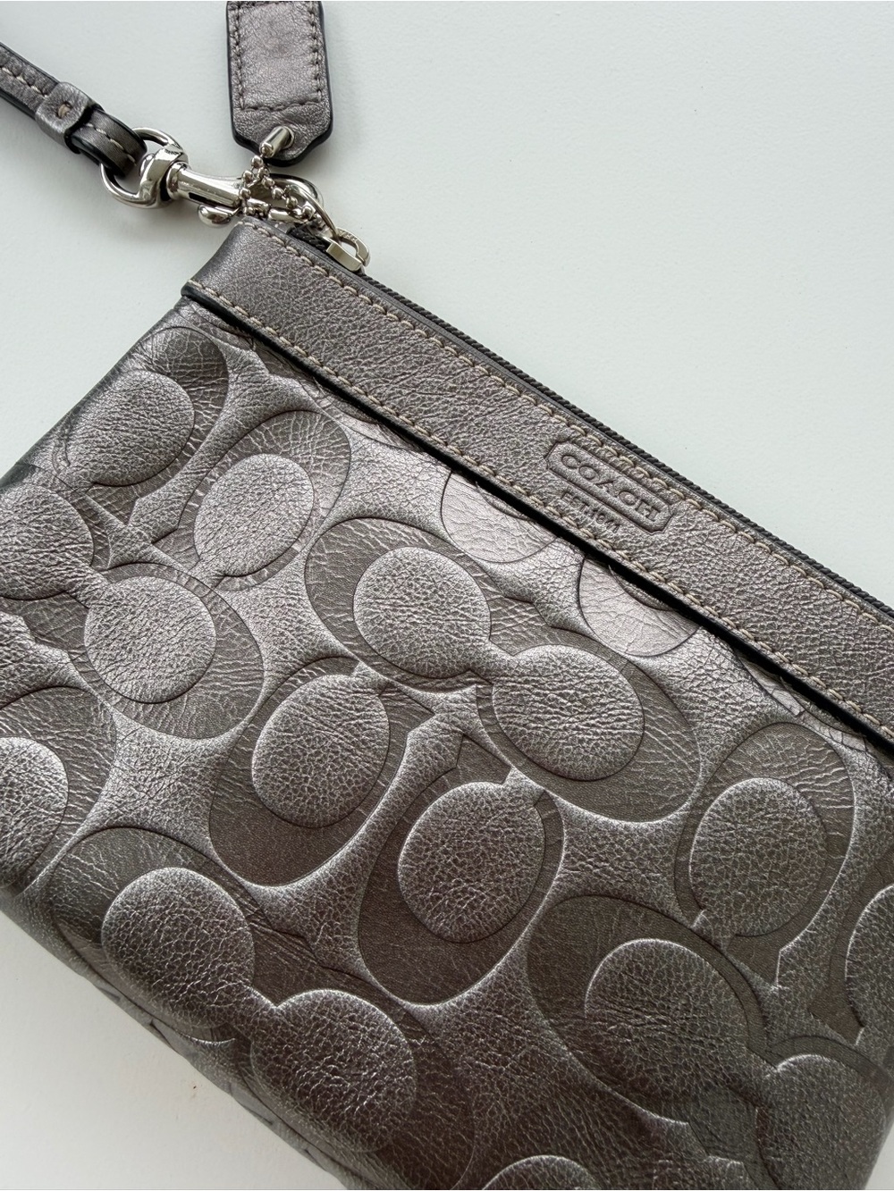 Coach Metallic Pewter Leather Wristlet Very Good Condition (see notes)